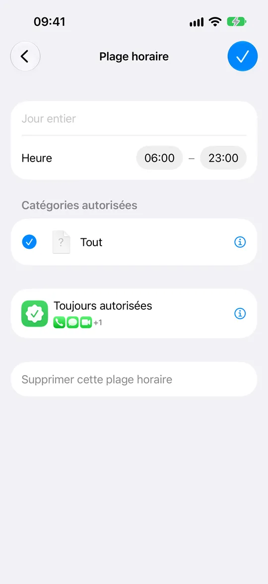Une plage horaire avec son heure de début et de fin et ses catégories autorisées