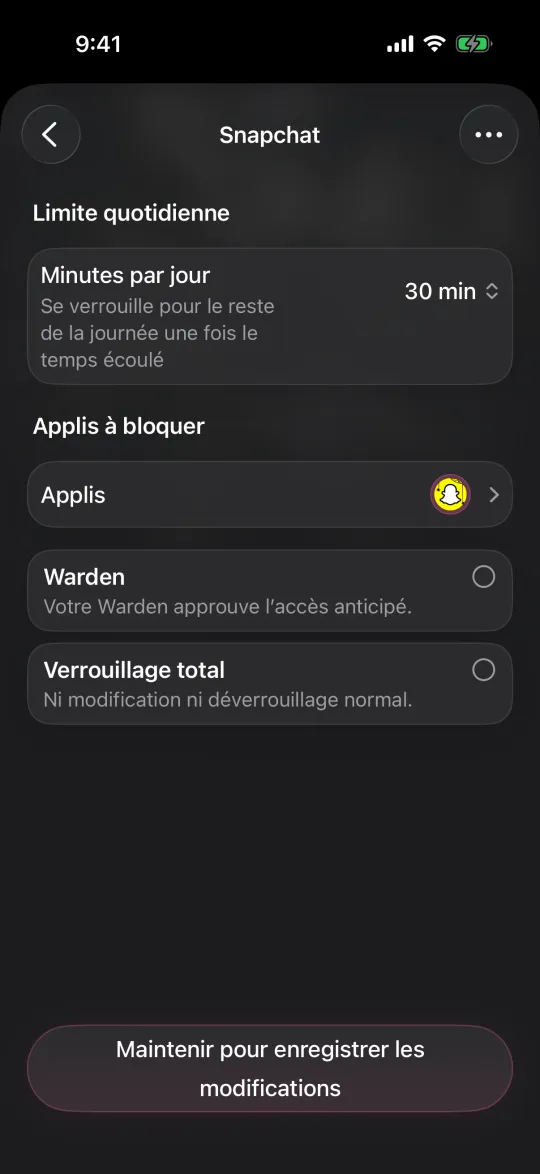 Modification d’une limite quotidienne de 30 minutes, avec les options Warden et Verrouillage total