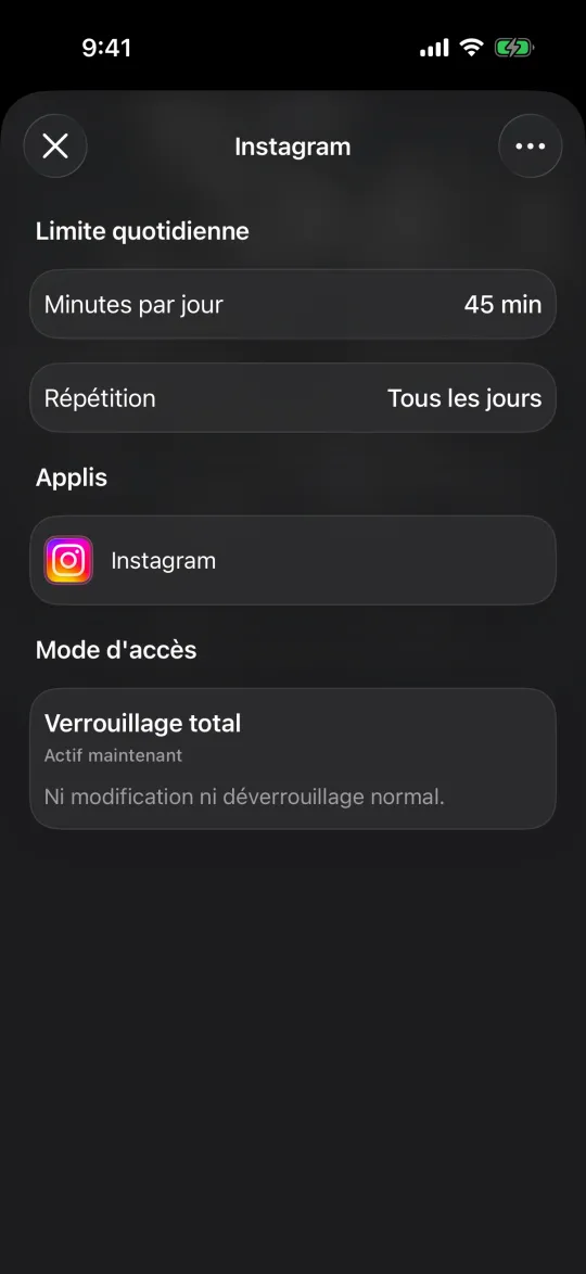 Une limite Instagram en Verrouillage total, active maintenant, sans modification ni déverrouillage normal