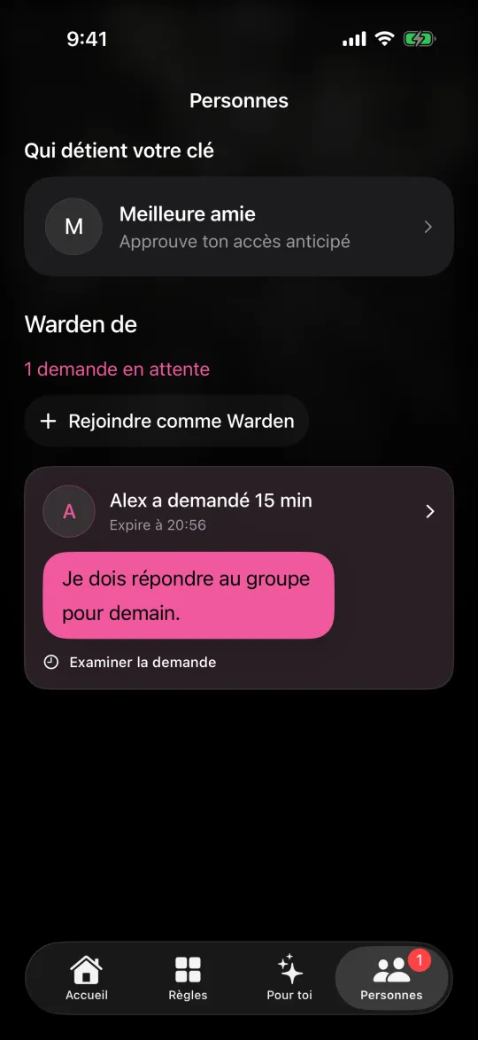 L’écran Personnes avec votre Warden et la demande d’un ami