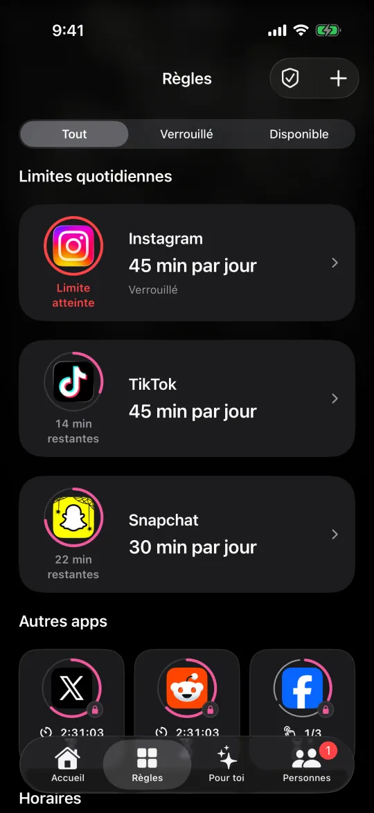 L’écran Règles avec des limites quotidiennes pour Instagram, TikTok et Snapchat