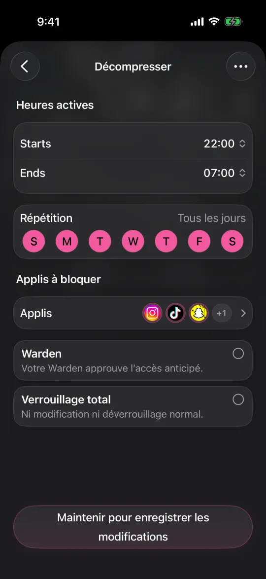 Modification d’un horaire qui bloque des apps de 22 h à 7 h tous les jours