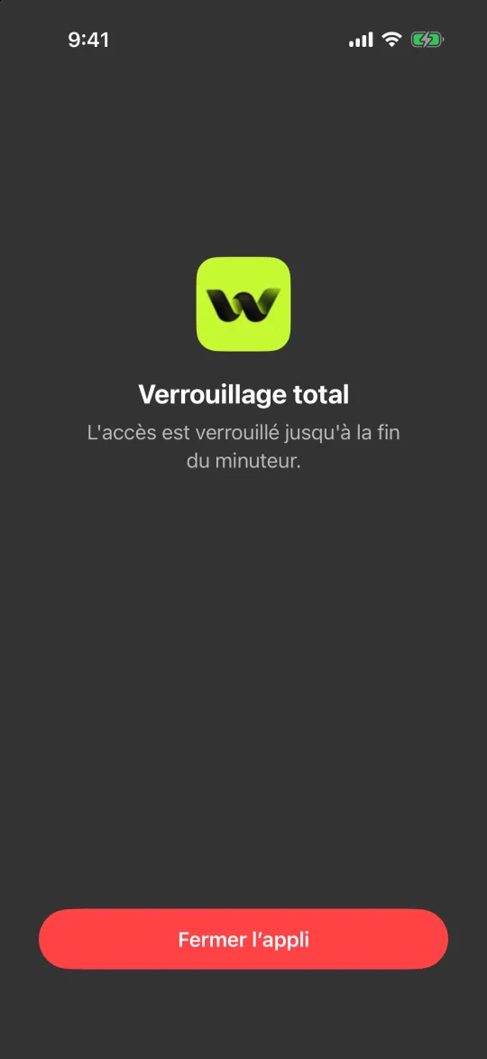 L’écran de Verrouillage total avec un seul bouton, Fermer l’appli