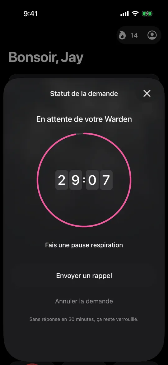 Une demande en attente de votre Warden, avec un compte à rebours de 30 minutes