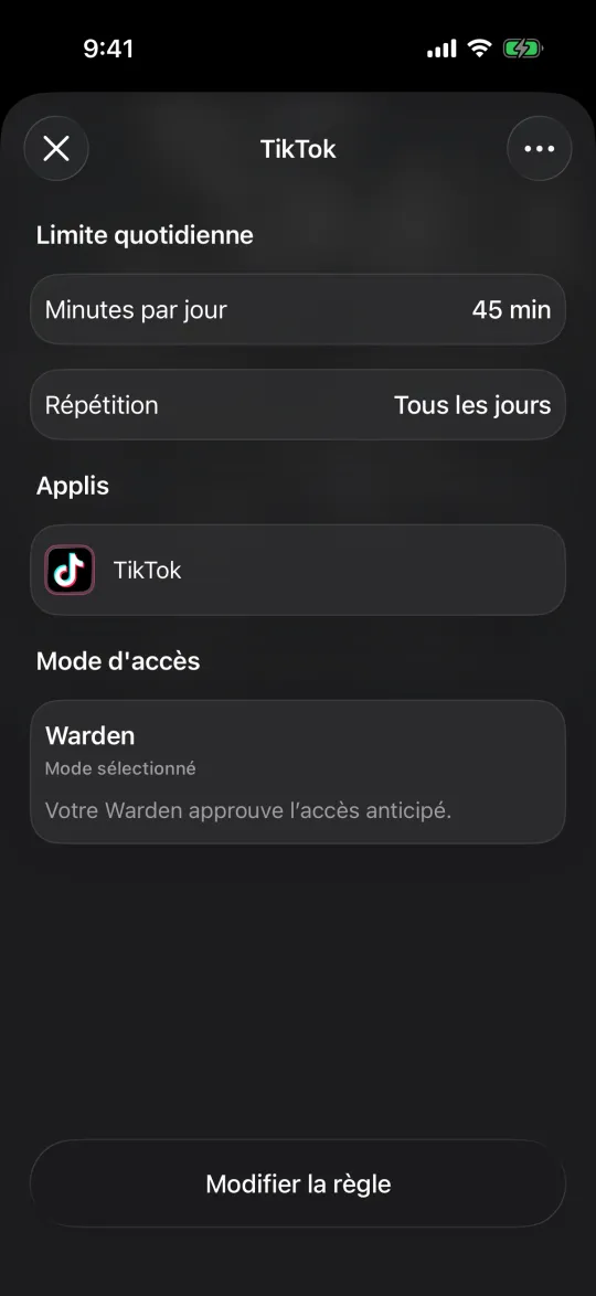Une limite TikTok en mode Warden, où votre Warden approuve l’accès anticipé