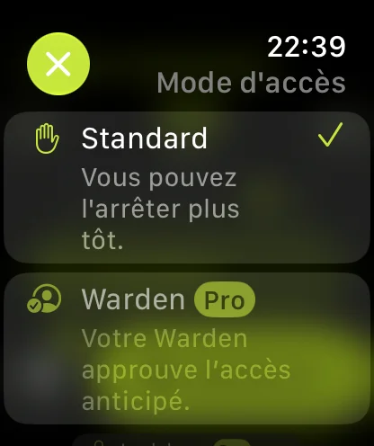 Choix entre Standard, Warden et Lockdown pour une détox sur Apple Watch