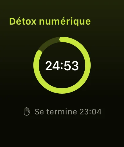 Une détox numérique en cours sur Apple Watch, avec le temps restant dans un anneau