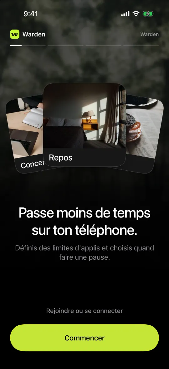Le premier écran de Warden, avec un bouton Commencer