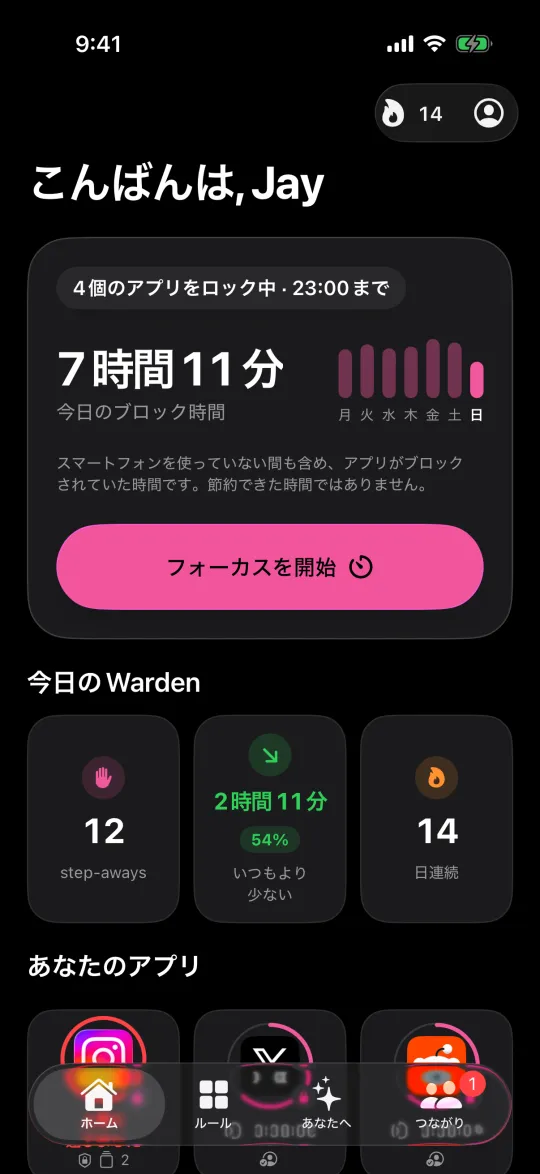 ロック中のアプリ、ブロック時間、ストリークを表示するWardenのホーム