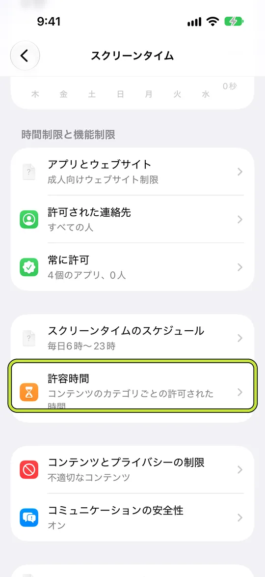 「許容時間」を囲んだスクリーンタイムの設定