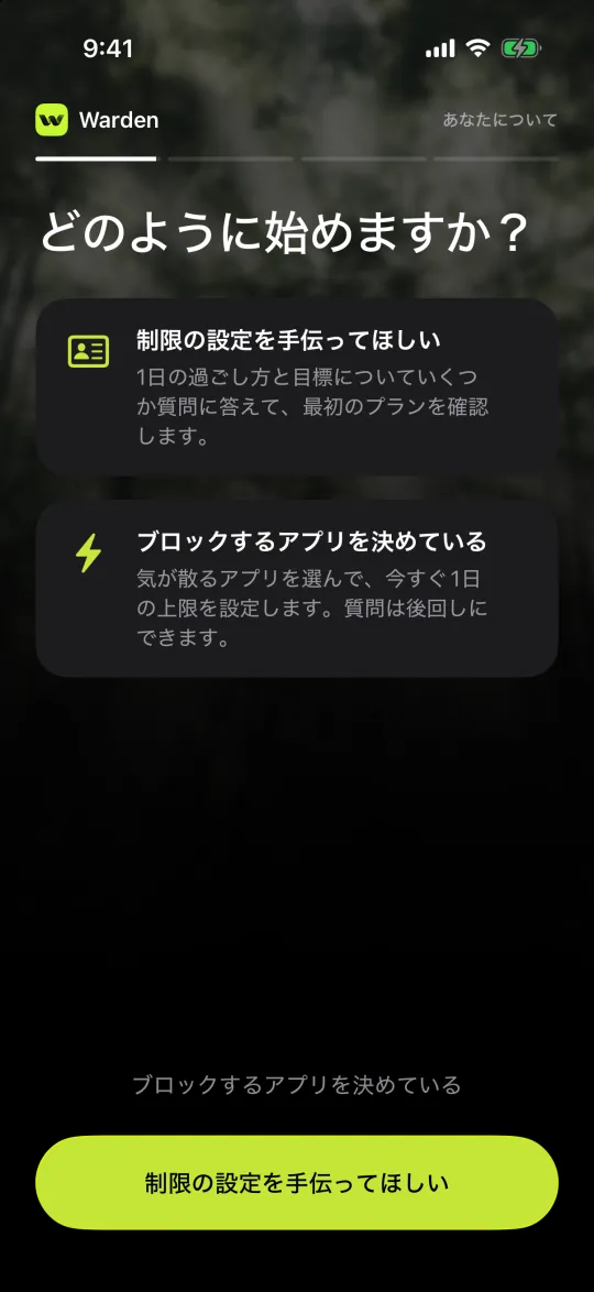 「制限の設定を手伝ってほしい」と「ブロックするアプリを決めている」の選択画面