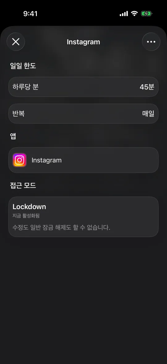 지금 활성화되어 수정도 일반 잠금 해제도 안 되는 락다운 상태의 Instagram 한도