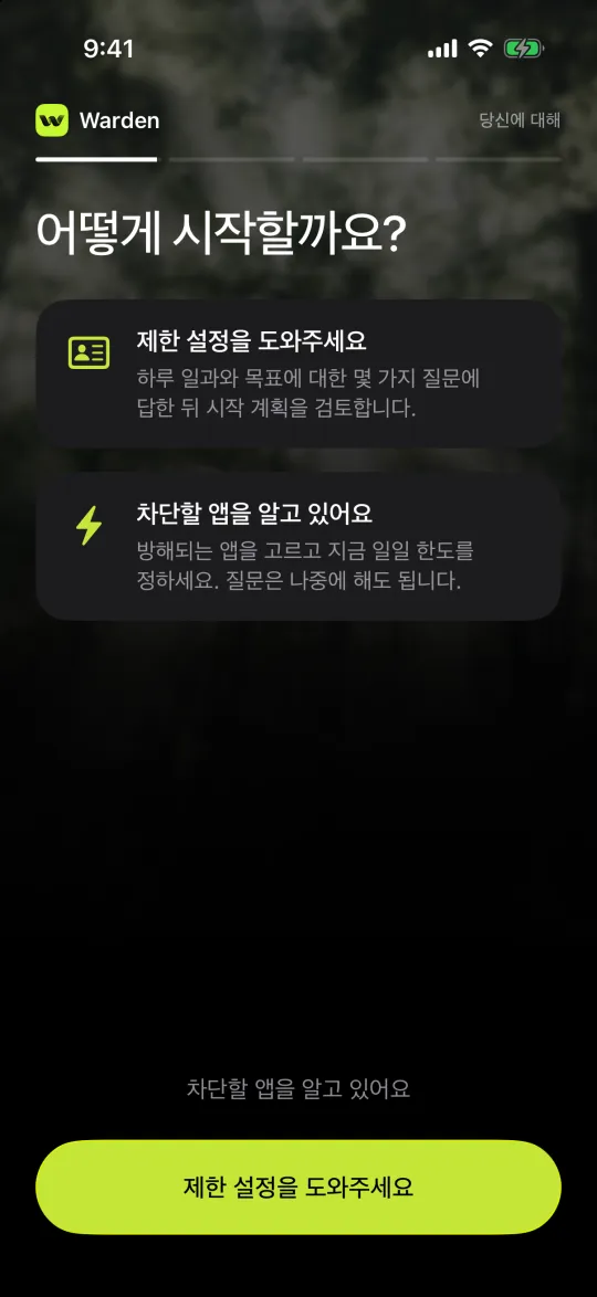 제한 설정을 도와주세요와 차단할 앱을 알고 있어요 중에서 고르는 화면