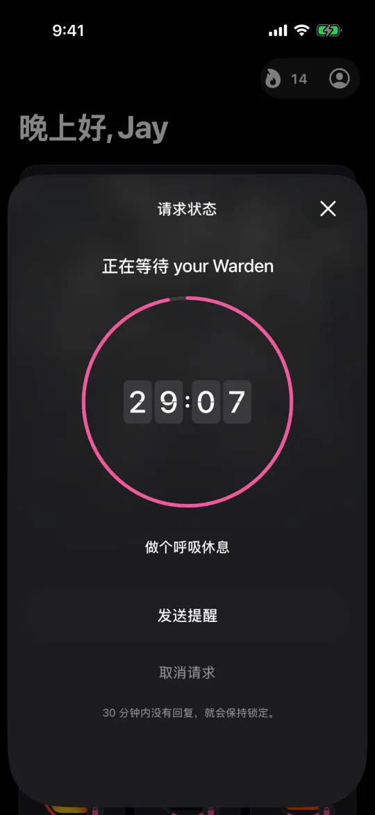 一条等待你的 Warden 回复的请求,带有 30 分钟倒计时
