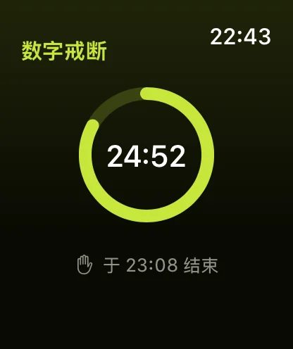 Apple Watch 上正在进行的数字戒断，剩余时间以圆环显示